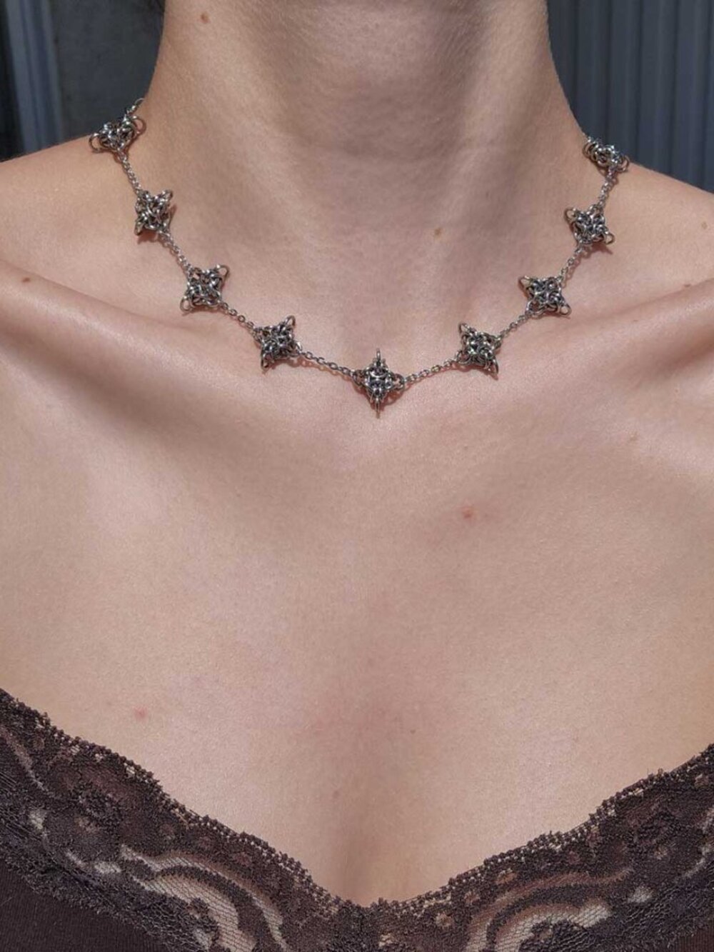 Gothic Medieval spikes chain mail necklace with a small silver chain